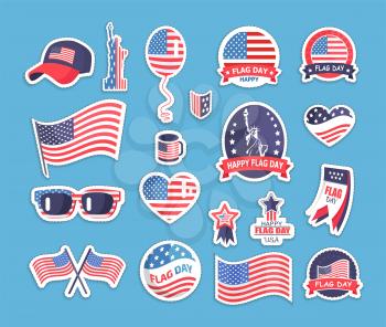 Flag Day of the USA themed souvenirs collection. Funny glasses, stylish cap, patriotic stickers and pocket calendar vector illustrations.