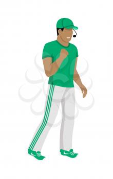 Cartoon soccer referee in green and white uniform and green hat. Speaking into lip-ribbon microphone. Main referee. Judging the competition. Flat referee football logo. Vector