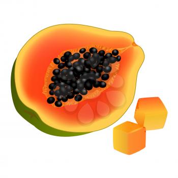 Sliced on half and diced papaya. Ripe tropical fruit realistic vector isolated on white background. Fresh ingredient of vegetarian salad illustration for healthy food and natural nutrition concepts