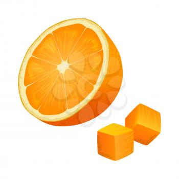Half of orange and two orange cubes on white background. Fresh fruit that contains vitamin C. Healthy organic nutrition. Cartoon vegetarian food icon. Juicy tropical fruit vector illustration.