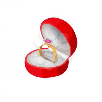 Engagement ring in red velvet box with big precious stone isolated on white background. Wedding accessory symbol of eternal love, unity and devotion. Vector illustration of proposal symbolic ring