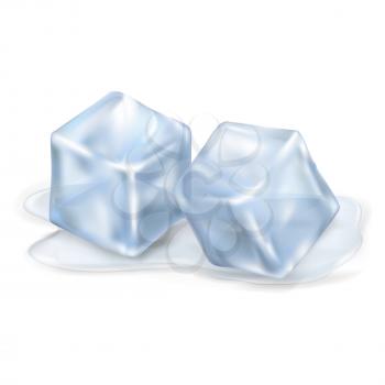 Two cool and shiny ice cubes lying in small amount of melted water isolated on white background vector illustration.