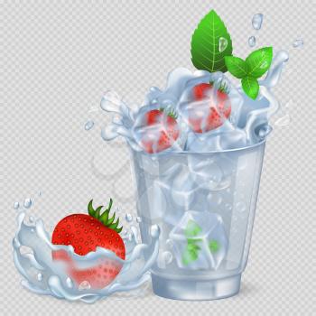Frozen strawberries and mint drop into glass with water and make it splash isolated vector illustration on transparent background.
