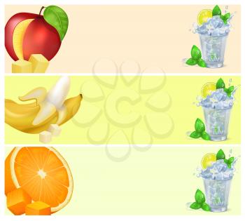 Glasses of mojito with fresh lime, mint and lot of ice and cut apple, peeled banana and half of orange vector illustration of flyers