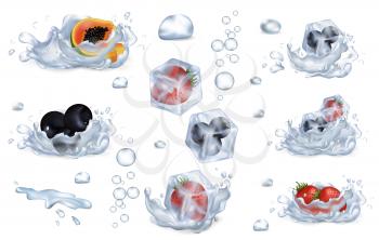 Frozen berries in ice cubes, fresh papaya, blueberry and ripe strawberry in water splashes isolated vector illustration on white background.