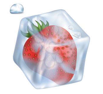Frozen tasty red strawberry in glossy ice cube that melts and small drops isolated vector illustration on white background.