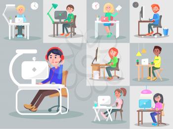 Office workers or freelancers at work. Men and women cartoon characters seating at the table and working on computer flat vectors set. People at workplace illustration for modern profession concept