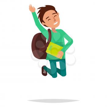 Jumping boy student in green sweater, trousers and brown shoes with book and backpack, closed eyes and broad smile isolated on white background. Emotion of happiness expression vector illustration.