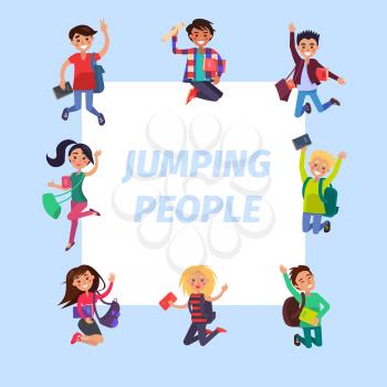 Happy jumping people around sign on blue and white background. Cheerful students with books and backpacks vector illustration. Emotions of happiness and cheer expression. Boys and girls in good mood.