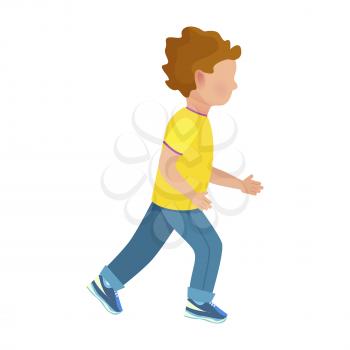 Faceless little boy in yellow T-shirt, jeans and sneakers runs away fast isolated vector illustration on white background.