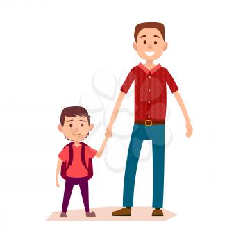 Smiling father holding little schoolboy's hand vector illustration. Small boy standing with mulberry backpack on shoulders