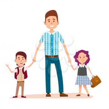 Father stands and holds daughter's and son's hands vector illustration. Little girl with brown briefcase and smiling boy with red backpack on back.