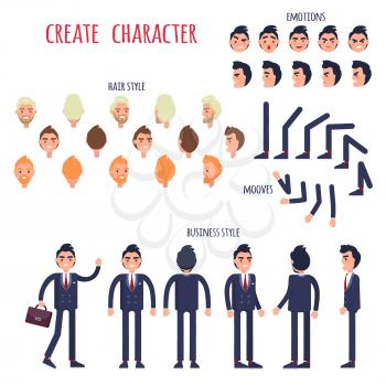 Businessman character generator with various emotions, hairstyles and limb movements. Man cartoon character in business suit standing in different poses and angles isolated flat vector illustrations 