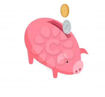 Silver and gold coins falling into pink piggy bank graphic icon on white background. Vector illustration of online banking in cartoon style. Hand drawn pattern for infographics, websites,app.