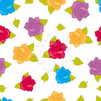 Rose with green leaves seamless pattern. Isolated big purple red blue yellow blossoms in cartoon style walllpaper, wrapping paper. Fashion decoration endless texture. Floral embellishment. Vector
