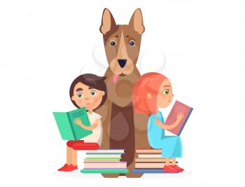 Cute girl and boy sits on two pile of books and reading textbook to big bull terrier background vector illustration closeup.
