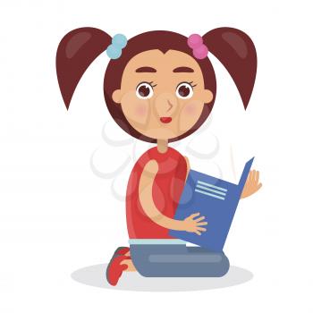 Cute brunette girl sitting on floor and holding blue open schoolbook vector illustration on white background in cartoon style.