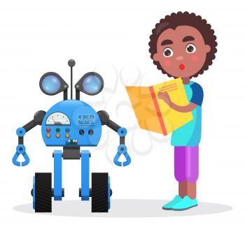 Surprised african boy holds book and looks at robot with wheels, colorful buttons, big spyglasses and indicators isolated vector illustration.