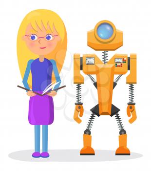 Blonde girl in glasses with copybook stands beside robot with spyglass and colorful buttons isolated vector illustration on white background.
