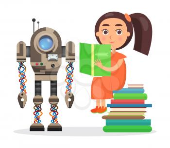 Cute girl in orange dress sits on pile of books and reads beside robot with spyglass, lot of wires and small antennas isolated vector illustration.
