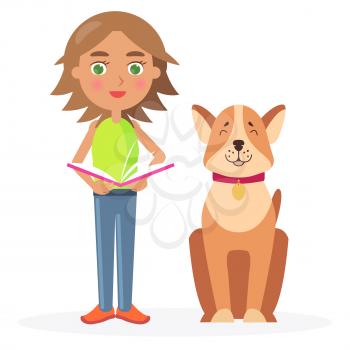 Girl with short hair stands with friendly dog Akita-inu and holds open schoolbook vector illustration on white background.