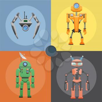 Set of metallic robots or droids on four icons. Cartoon cards of mechanical or electronic device with dish antenna, many buttons, horns for receiving signal vector illustration flat design.