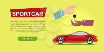 Buying sportcar online car sale web banner vector illustrayion. Encouraging customers to buy sportcar. Transport advertising company e-commerce concept. Business agreement of getting new key of car.