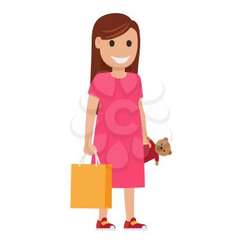 Woman stands and holds bag and toy-bear on white background. Family shopping day. Cartoon mother has fun during shopping at mall. Shopping-themed isolated vector illustration of female character.