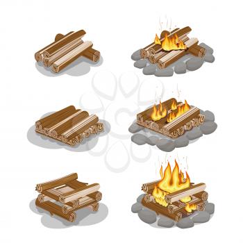 Set firewood of bonfire illustrations, lighted and unlighted fires, with stones around and shadows on white background. Isolated vector illustration of fireplaces in flat design cartoon style