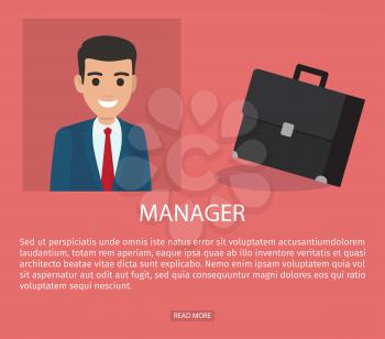 Manager advertisement web page vector illustration. Executive worker in suit vector illustration, resume design of job application form