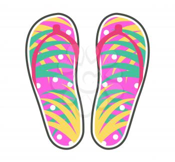Pair of colorful flip-flops icon. Pink thong sandals with palm leaves ornament flat vector isolated on white. Popular unisex summer footwear illustration for shoes shop ad or casual wear concepts