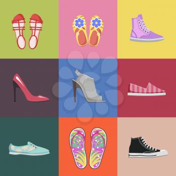 Fashionable women shoes collection on colorful background. Summer sandals, stylish stilletos, comfortable sneakers, bright espadrilles, elegant mules and light filp-flops vector illustrations.