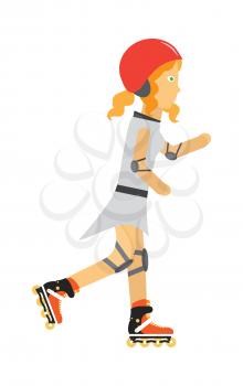 Roller skater vector. Female character in helmet, elbow, knee protection on rollers. Sports equipment flat illustration. Summer fun and entertainments. For sport concepts, advertising, web design