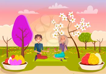 Boy in shirt and blond girl sit on mat with wine glasses in park on romantic picnic at sunset in spring vector illustration.