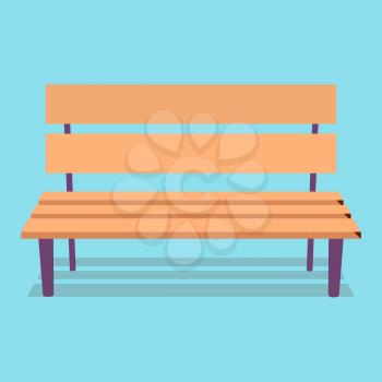 Wooden brown bench with purple legs and shadowy silhouette closeup on blue background vector illustration in cartoon style.