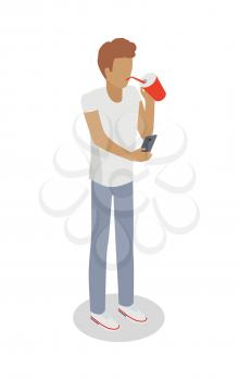 Isolated faceless boy drinks something from red covered glass through sipper and searches information in smartphone. Vector illustration of young male person in white t-shirt and grey trousers