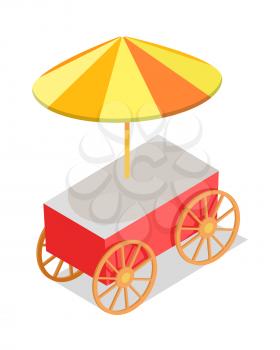 Street food red trolley with umbrella isolated on white background. Fast way to have a snack in big city. Urban street element vector illustration. Hotdog or hamburger, sandwich right on street.