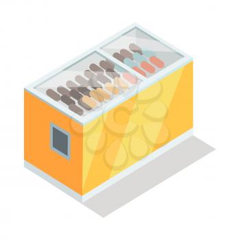 Ice-cream in shop freezer isometric vector illustration. Eskimo on stick on supermarket fridge 3d model isolated on white background. Grocery store equipment isometry for game, apps, icons, web design