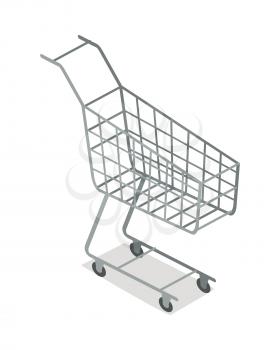 Empty shopping trolley isometric projection vector illustration.  Supermarket equipment for goods transportation 3d model isolated on white background. For e-commerce and online shopping app icon 