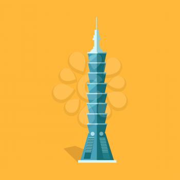 Lasting Taipei 101-story skyscraper with spire in Taiwan flat and shadow theme isolated on yellow. Vector illustration of Taipei symbol and whole China Republic. Hand drawn pattern cartoon style.