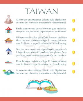 Taiwan brochure with written text information and small colorful sightseeing symbols on white background. Vector illustration in flat design of informative leaflet for tourists in Asian country