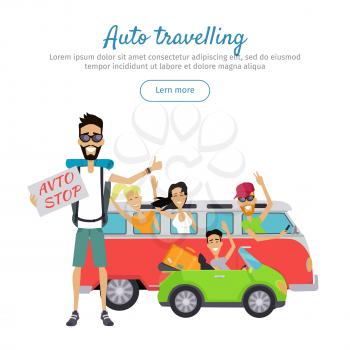 Auto traveling web banner. Flat style vector. Journey on car with friends. Hitch-hiking traveler. Smiling driver on cabriolet traveling with stuff. For summer vacation concepts, car rental ad