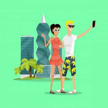 Vacation in Panama vector concept. Flat style. Travelers on trip. Young smiling couple in summer clothes making selfie near of modern Panama-city buildings. Leisure in tropics. For travel companies ad