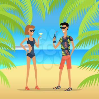 People on vacation conceptual vector. Flat style. Young couple in beach clothes and sunglasses standing on sea shore with coctails in hands. Leisure on tropics. For travel company, tourist route ad  