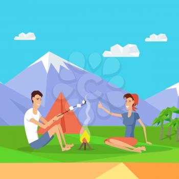 Camping poster. Camping tent near the fire and mountains in the background with lake. Happy family couple making barbecue. Man and woman sitting near the fire. Vector illustration in flat style