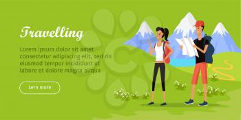 Travelling web banner. Tourists looking at map to find the way. Woman and man in the mountains. Floral alpic background in flat style. People on the rest. Mountaineering concept. Vector illustration
