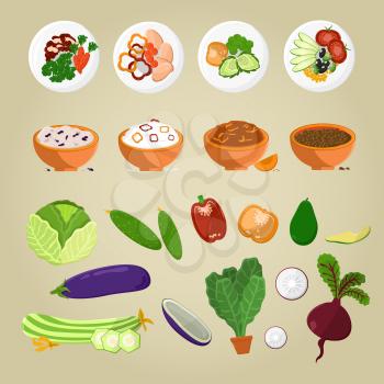 Vegetarian food and cutting vegetables on plates vector illustration. Green cabbage, cucumber, avocado, purple eggplant and radish, lettuce in pot.