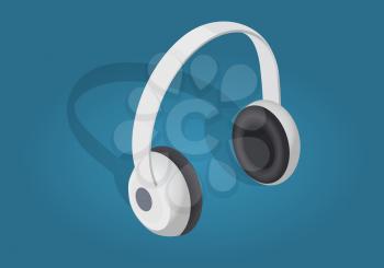 White cartoon headphones flat and shadow theme isolated on blue. Vector cartoon illustration of headphones icon for network design. Icon graphic concept for web banner, mobile, infographics.