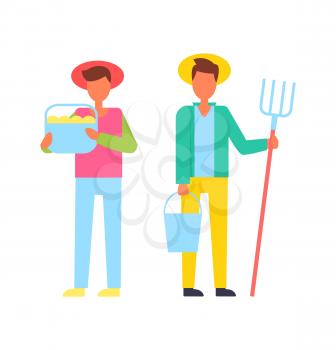 Farmers people with tools hayfork pitch and bucket filled with ripe fruits. Harvest and gathered production from farm farming males icons set vector