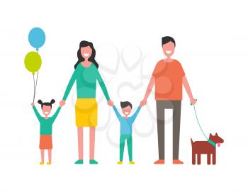 Happy family colorful vector icon cartoon style. Smiling people, parents holding children hands, kid with balloon, and dog on leash, isolated banner